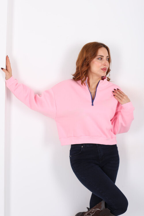 Dik Yaka Yarım Fermuarlı Pembe Kadın Üç İp Sweat - Berox
