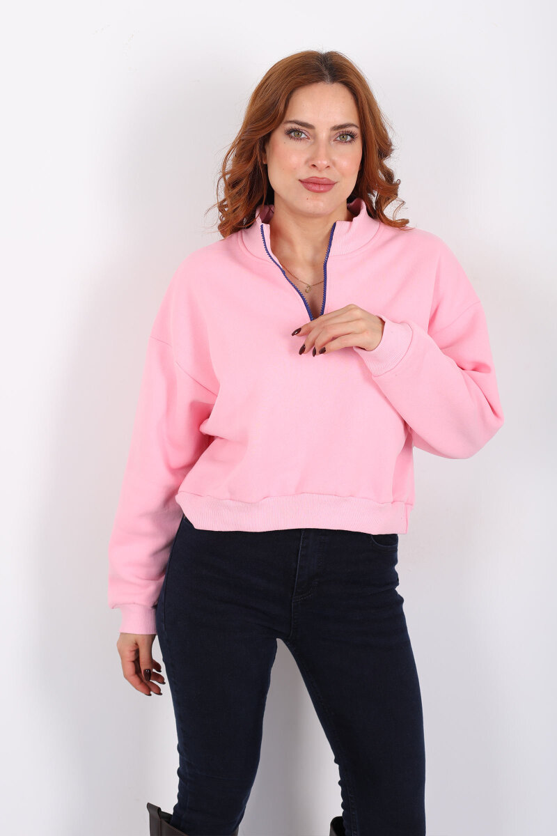 Dik Yaka Yarım Fermuarlı Pembe Kadın Üç İp Sweat - 3