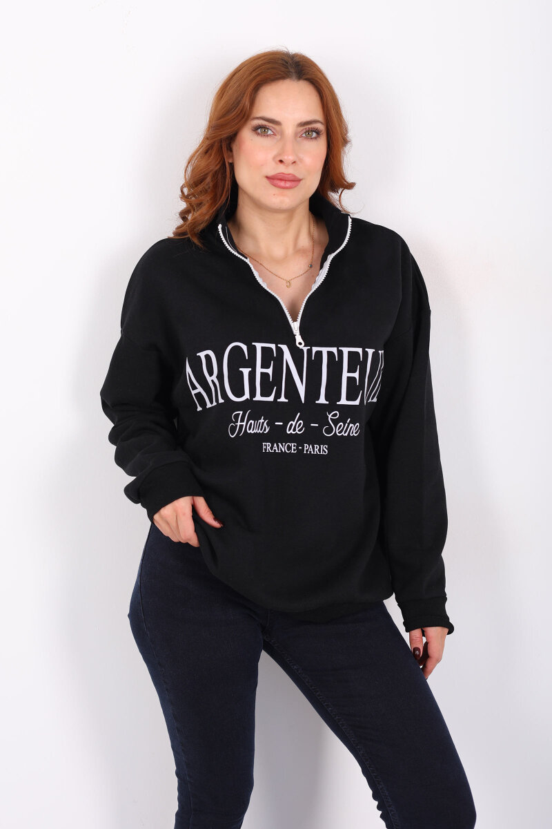 Dik Yaka Yarım Fermuarlı Siyah Kadın Baskılı Sweat - 6