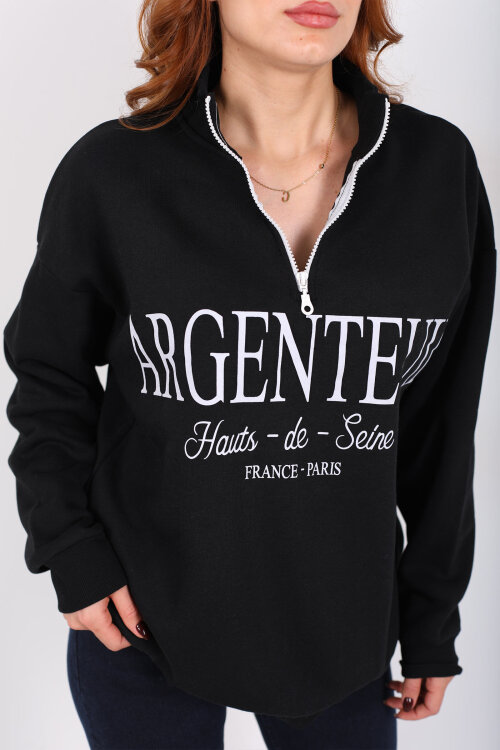 Dik Yaka Yarım Fermuarlı Siyah Kadın Baskılı Sweat - Berox (1)