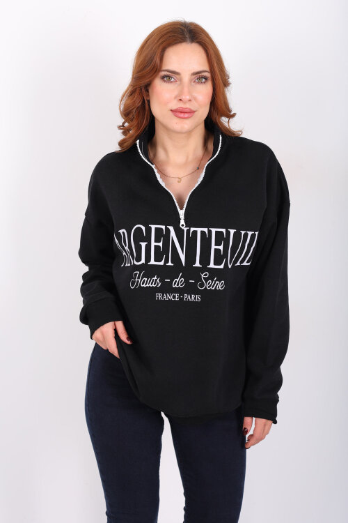 Dik Yaka Yarım Fermuarlı Siyah Kadın Baskılı Sweat - 3