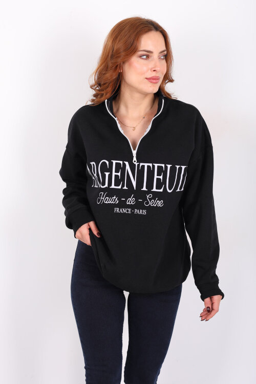 Dik Yaka Yarım Fermuarlı Siyah Kadın Baskılı Sweat - 4