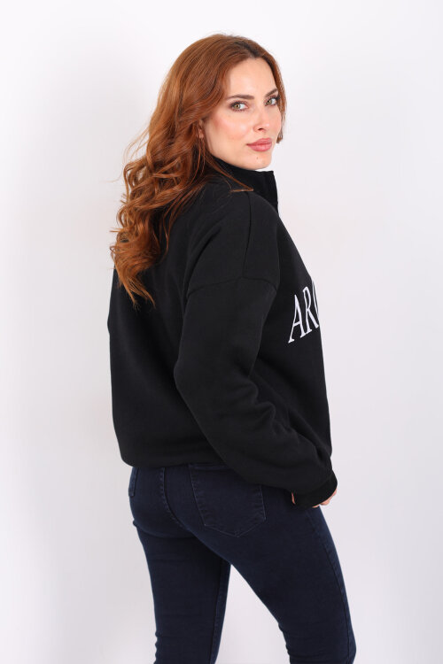 Dik Yaka Yarım Fermuarlı Siyah Kadın Baskılı Sweat - 5