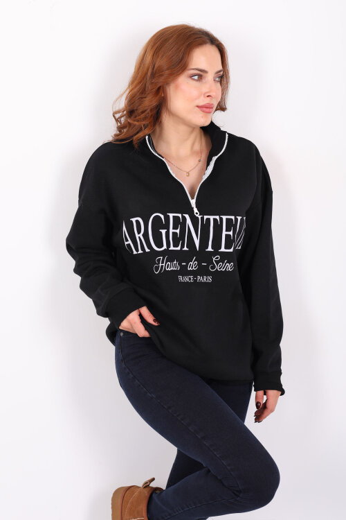 Dik Yaka Yarım Fermuarlı Siyah Kadın Baskılı Sweat - Berox