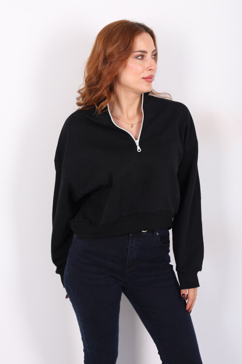 Dik Yaka Yarım Fermuarlı Siyah Kadın Üç İp Sweat - 3