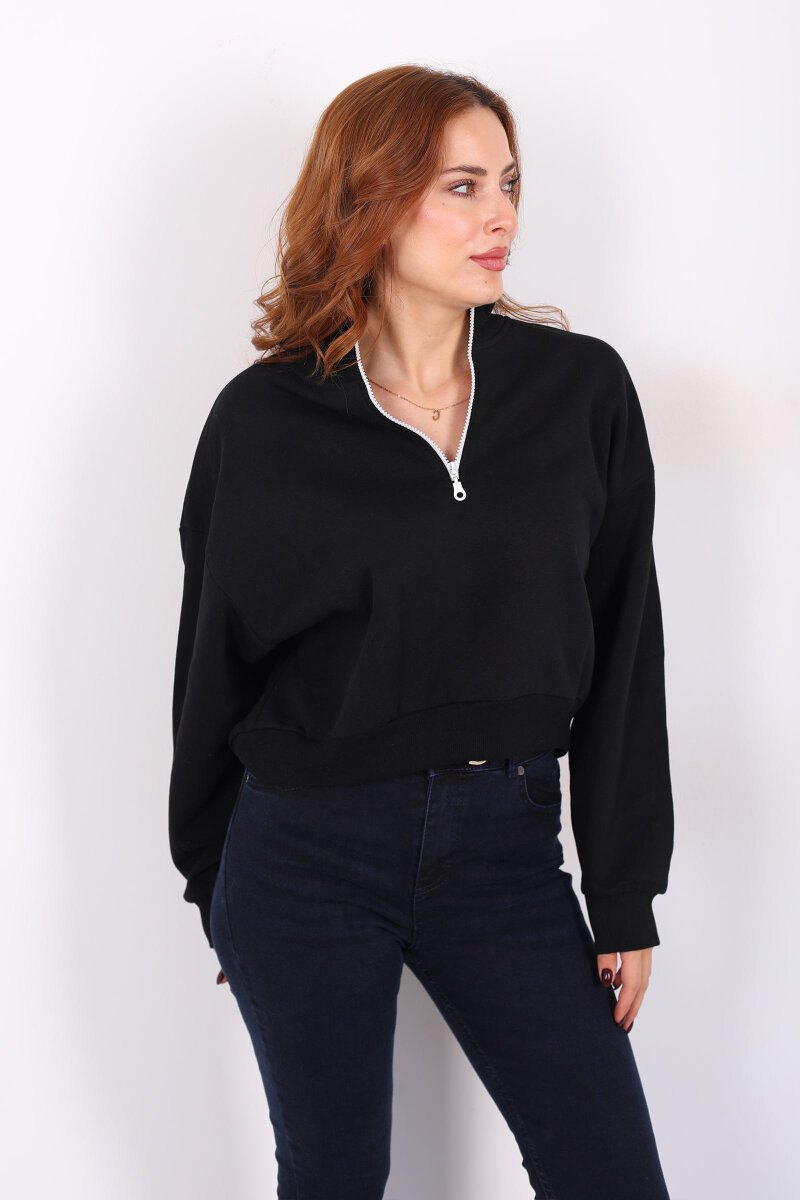 Dik Yaka Yarım Fermuarlı Siyah Kadın Üç İp Sweat - 3