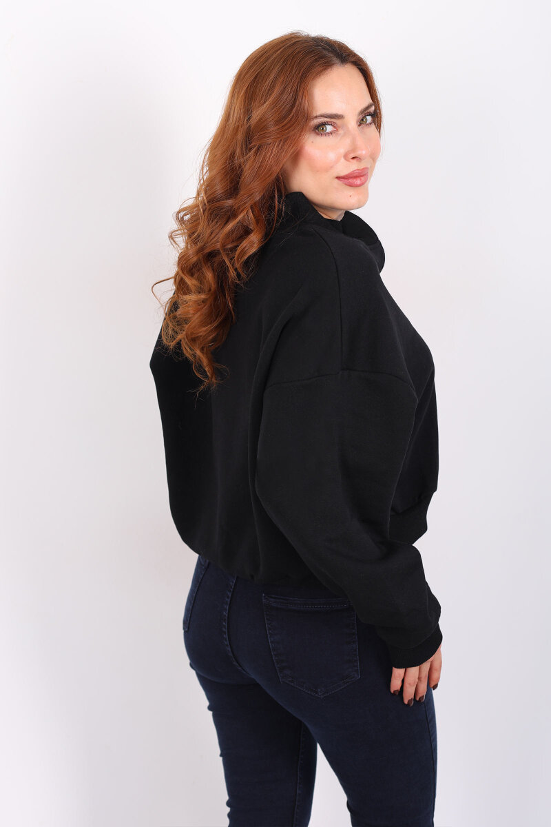 Dik Yaka Yarım Fermuarlı Siyah Kadın Üç İp Sweat - 4