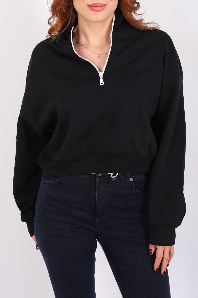 Dik Yaka Yarım Fermuarlı Siyah Kadın Üç İp Sweat - 2