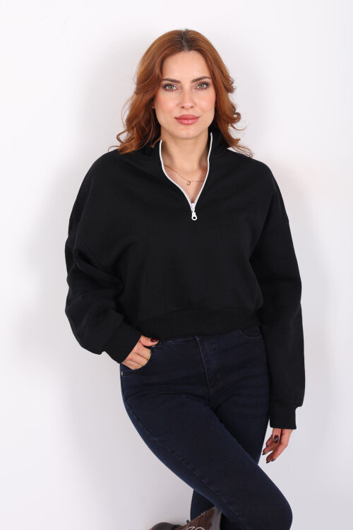 Dik Yaka Yarım Fermuarlı Siyah Kadın Üç İp Sweat - Berox