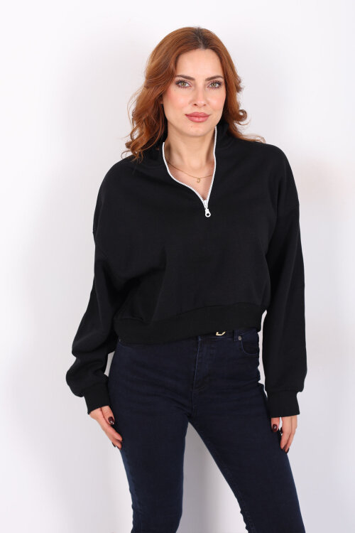 Dik Yaka Yarım Fermuarlı Siyah Kadın Üç İp Sweat - 5