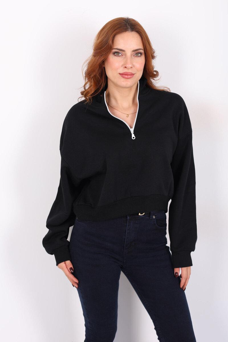 Dik Yaka Yarım Fermuarlı Siyah Kadın Üç İp Sweat - 5