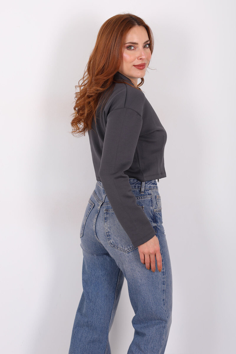 Dikiş Detaylı Çift Fermuarlı Antrasit Kadın Scuba Ceket - 4