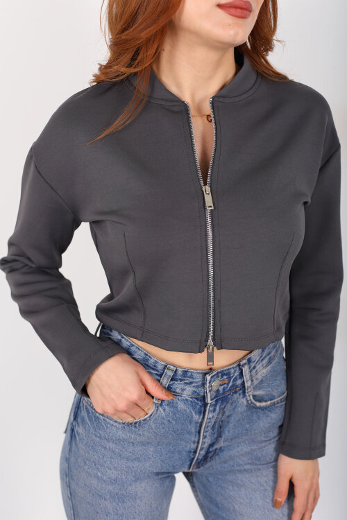 Dikiş Detaylı Çift Fermuarlı Antrasit Kadın Scuba Ceket - Berox (1)