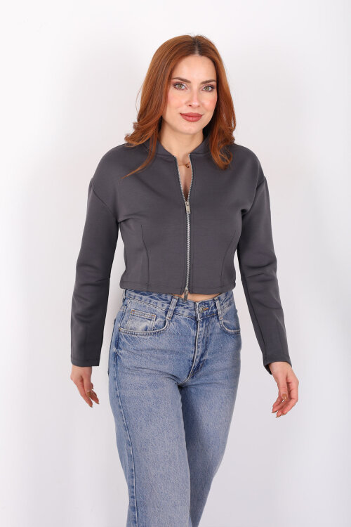 Dikiş Detaylı Çift Fermuarlı Antrasit Kadın Scuba Ceket - 5