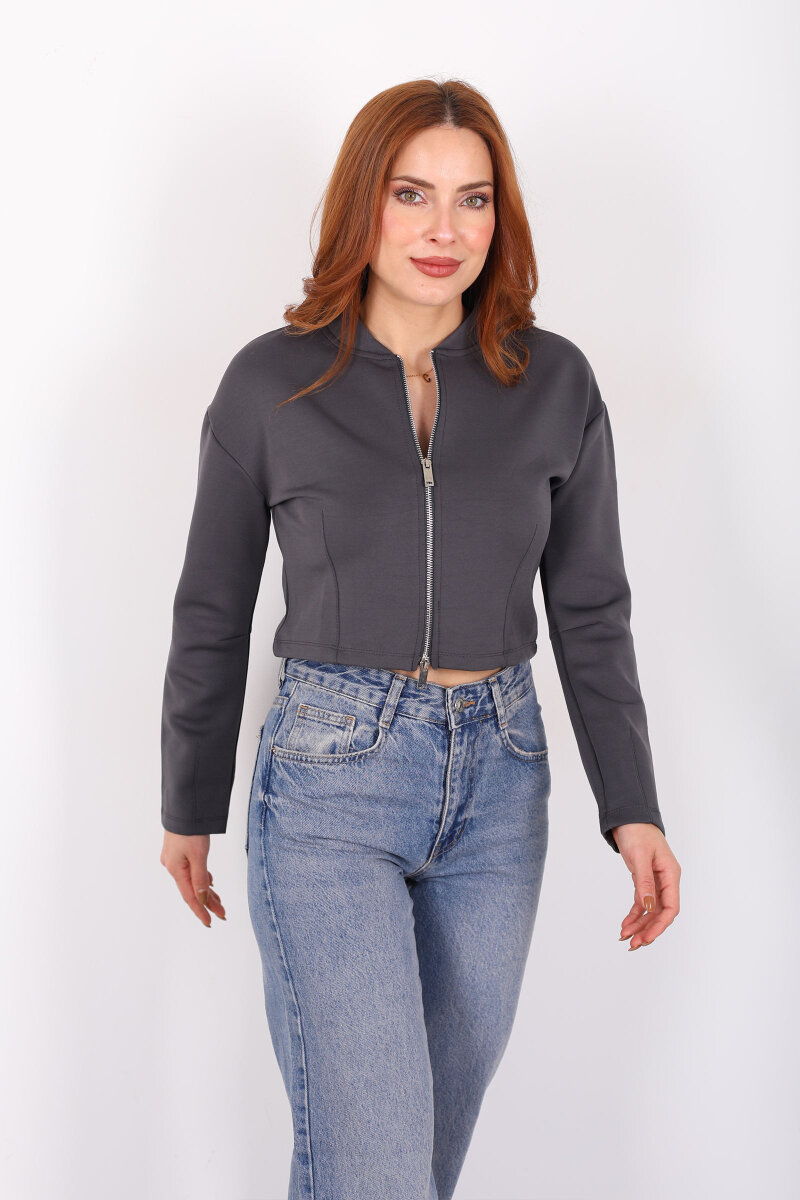 Dikiş Detaylı Çift Fermuarlı Antrasit Kadın Scuba Ceket - 5