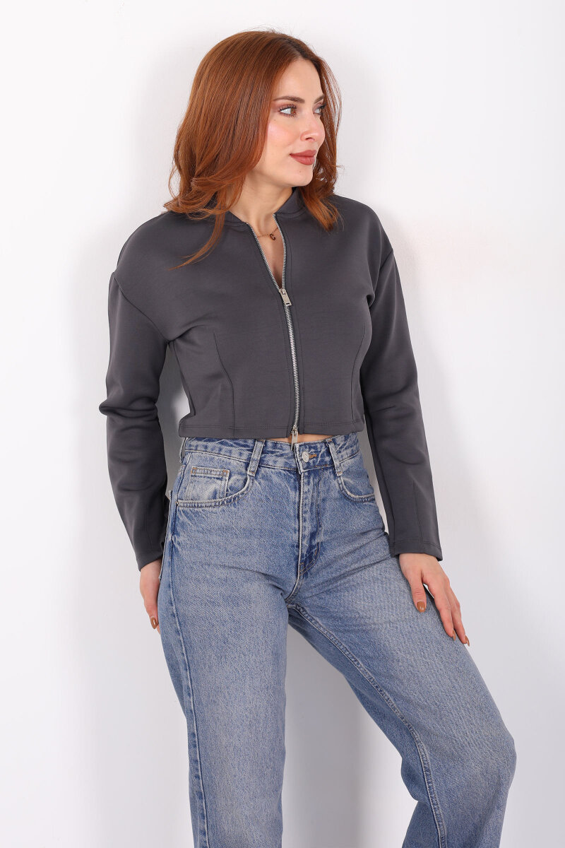 Dikiş Detaylı Çift Fermuarlı Antrasit Kadın Scuba Ceket - 3