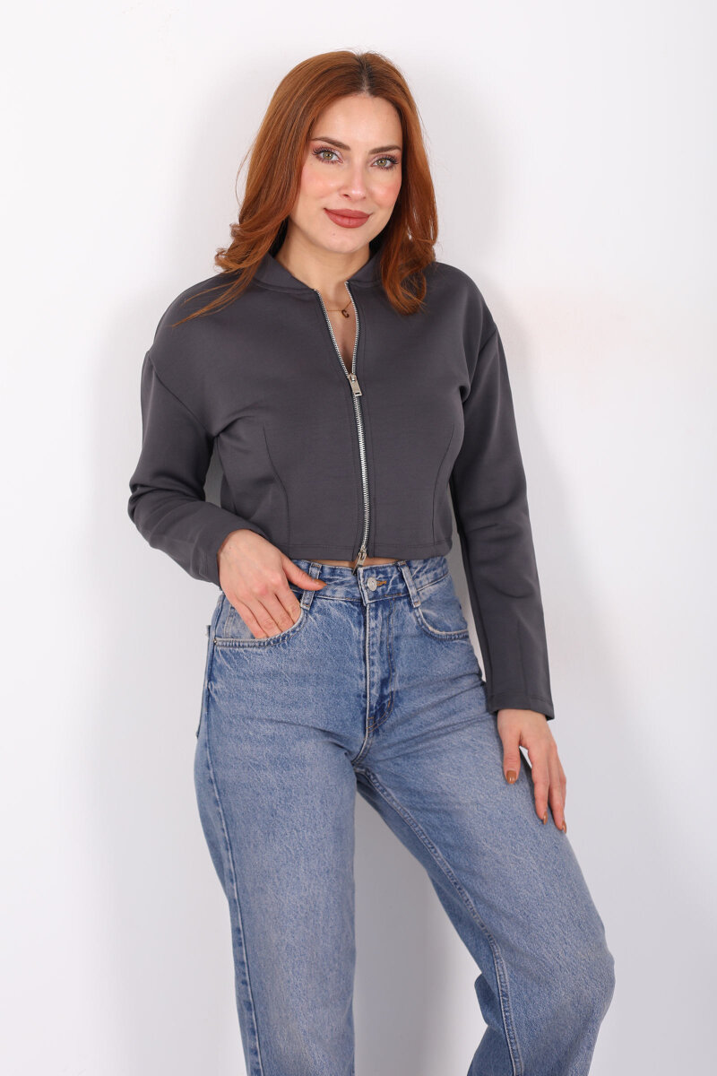 Dikiş Detaylı Çift Fermuarlı Antrasit Kadın Scuba Ceket - 1