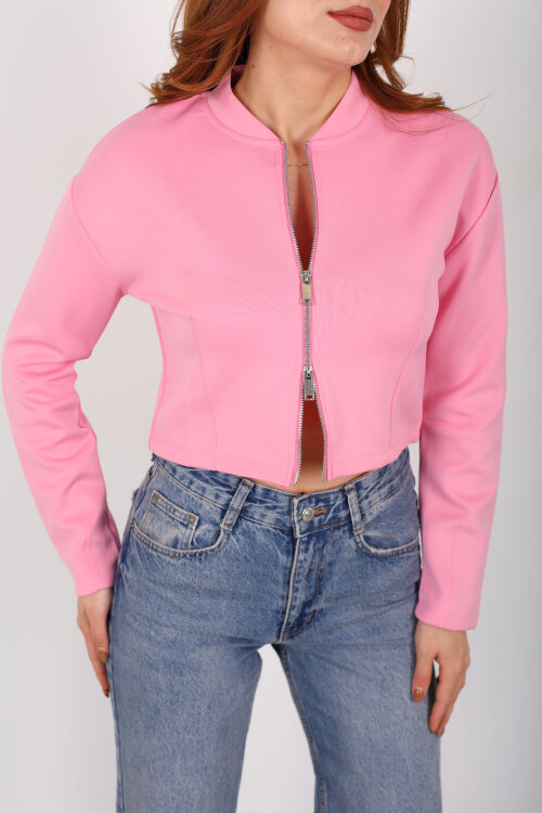 Dikiş Detaylı Çift Fermuarlı Pembe Kadın Scuba Ceket - Berox (1)