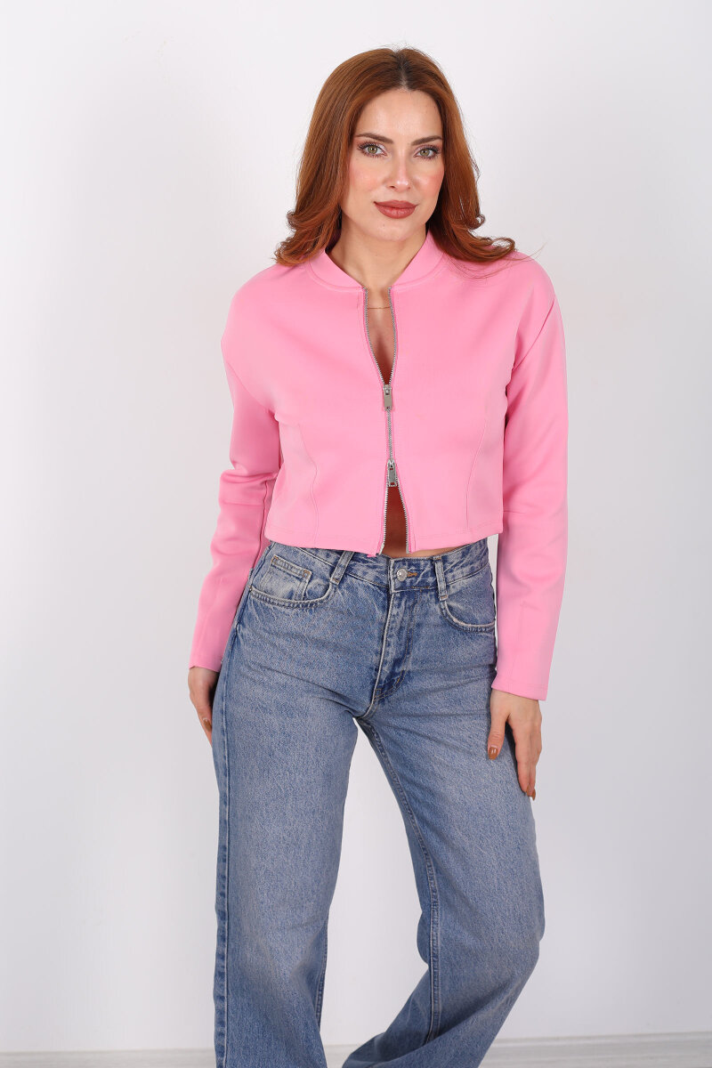 Dikiş Detaylı Çift Fermuarlı Pembe Kadın Scuba Ceket - 4