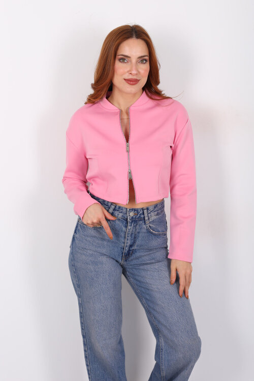 Dikiş Detaylı Çift Fermuarlı Pembe Kadın Scuba Ceket - 3