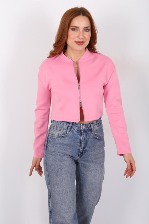 Dikiş Detaylı Çift Fermuarlı Pembe Kadın Scuba Ceket - Berox