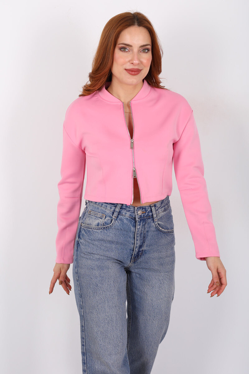 Dikiş Detaylı Çift Fermuarlı Pembe Kadın Scuba Ceket - 1