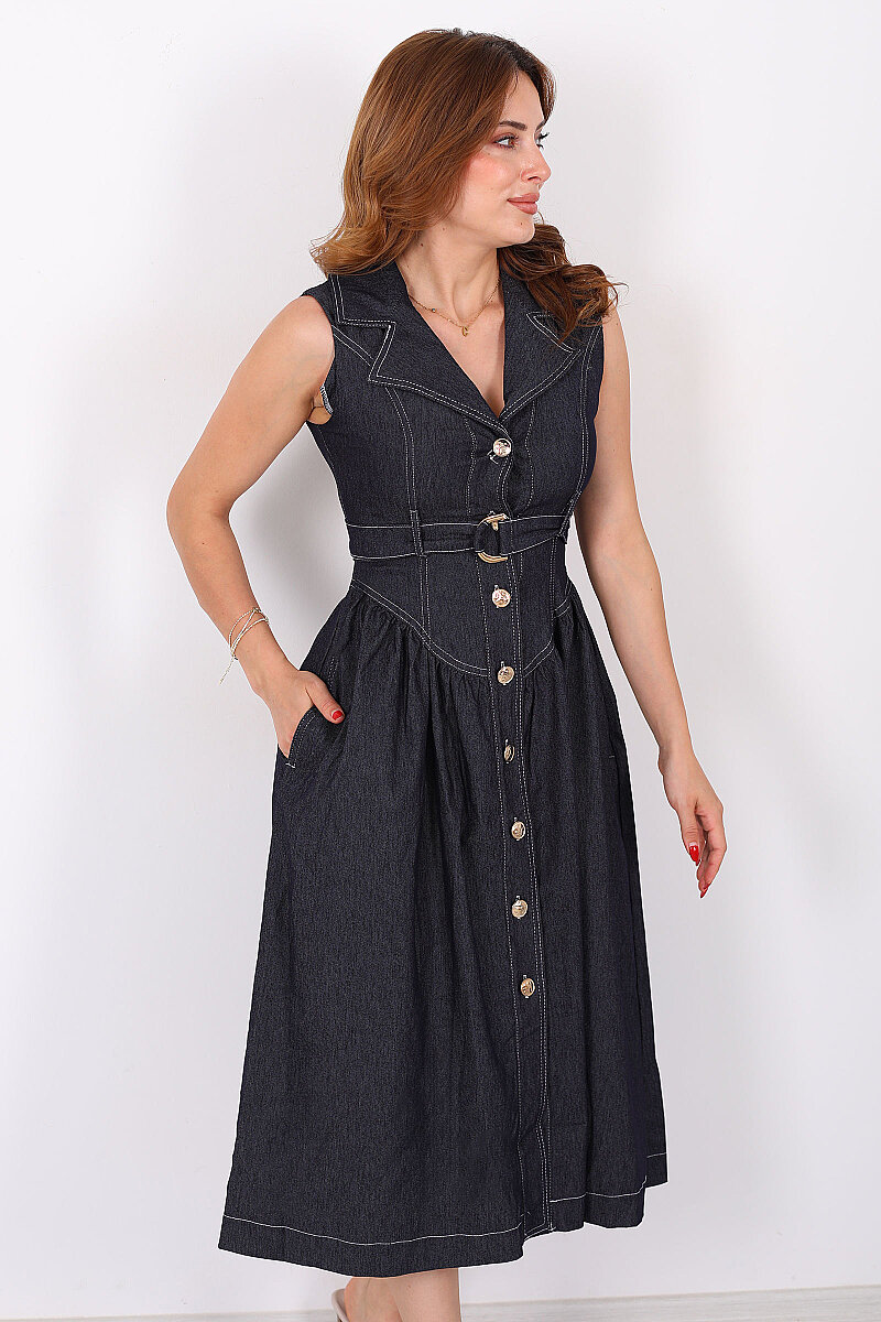 Dikiş Detaylı Düğmeli Midi Lacivert Kadın Denim Elbise - 3