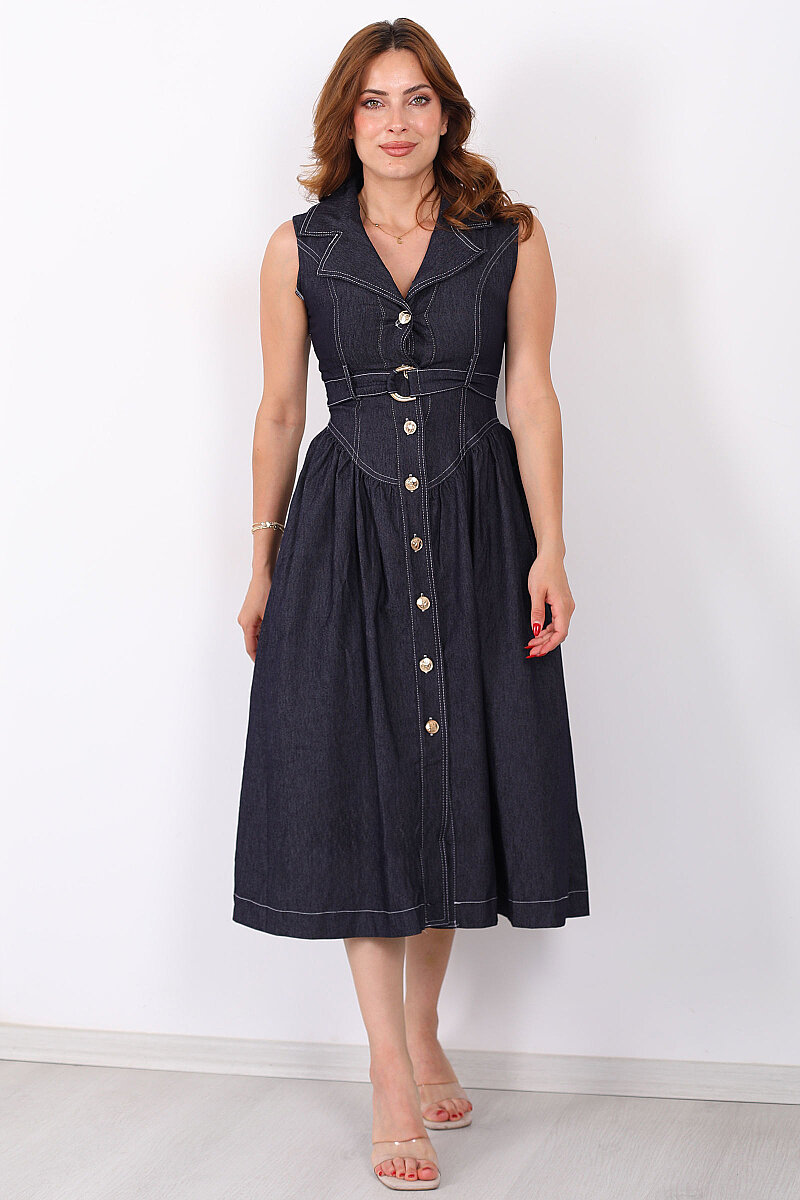 Dikiş Detaylı Düğmeli Midi Lacivert Kadın Denim Elbise - 6