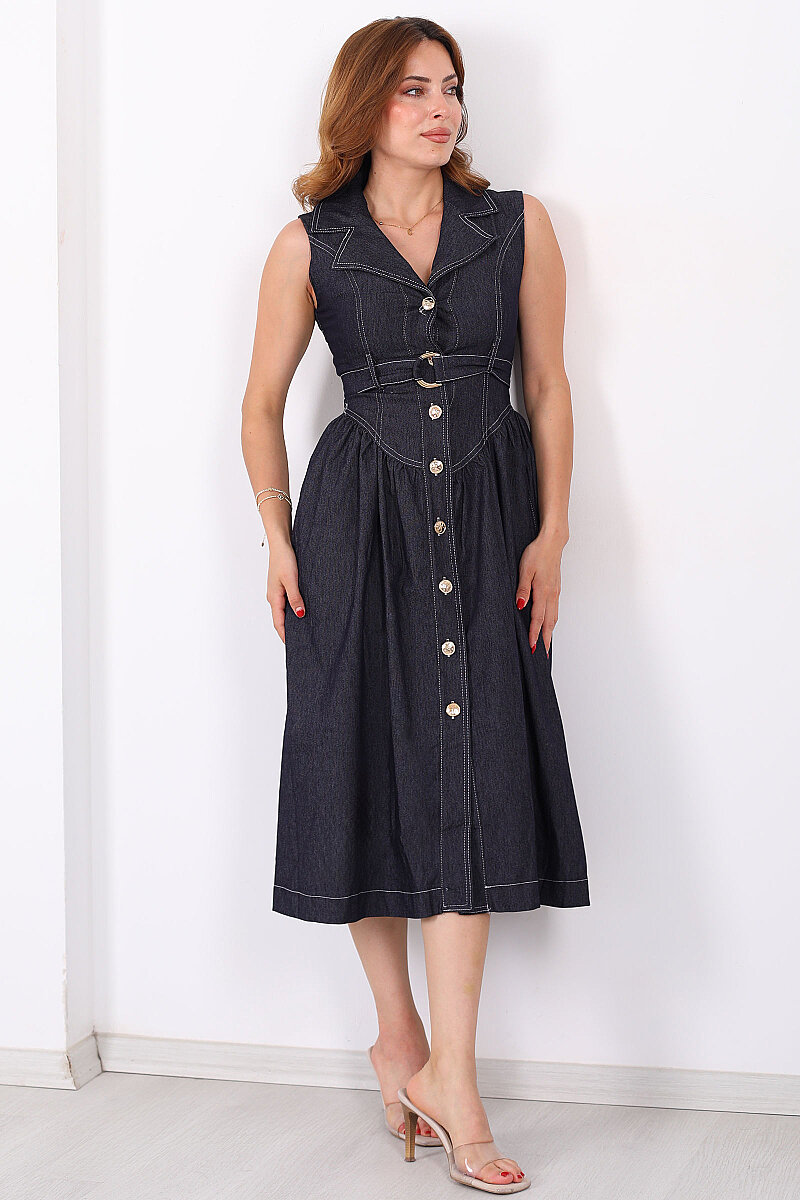 Dikiş Detaylı Düğmeli Midi Lacivert Kadın Denim Elbise - 1