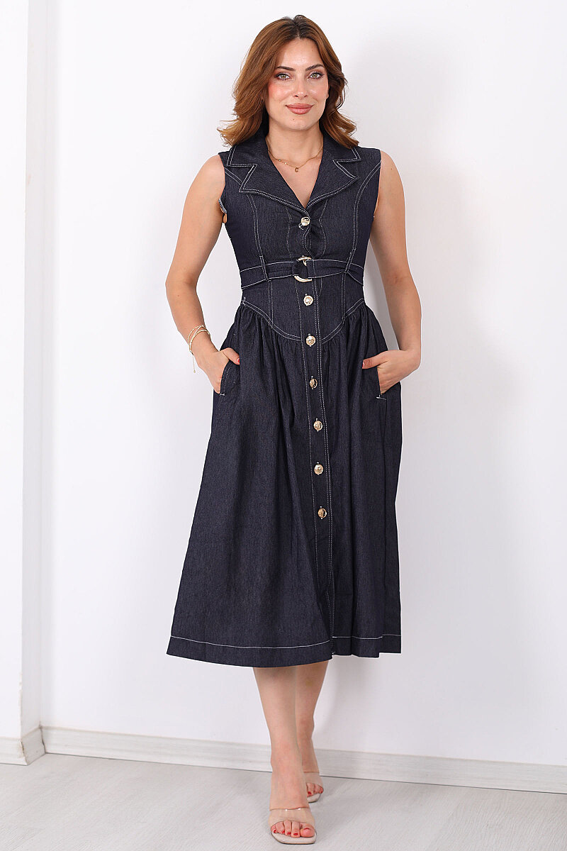Dikiş Detaylı Düğmeli Midi Lacivert Kadın Denim Elbise - 4
