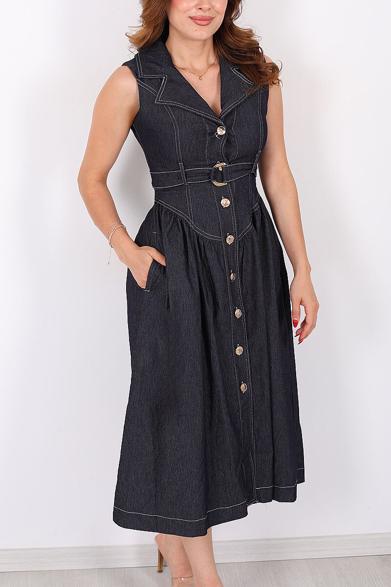 Dikiş Detaylı Düğmeli Midi Lacivert Kadın Denim Elbise - 2