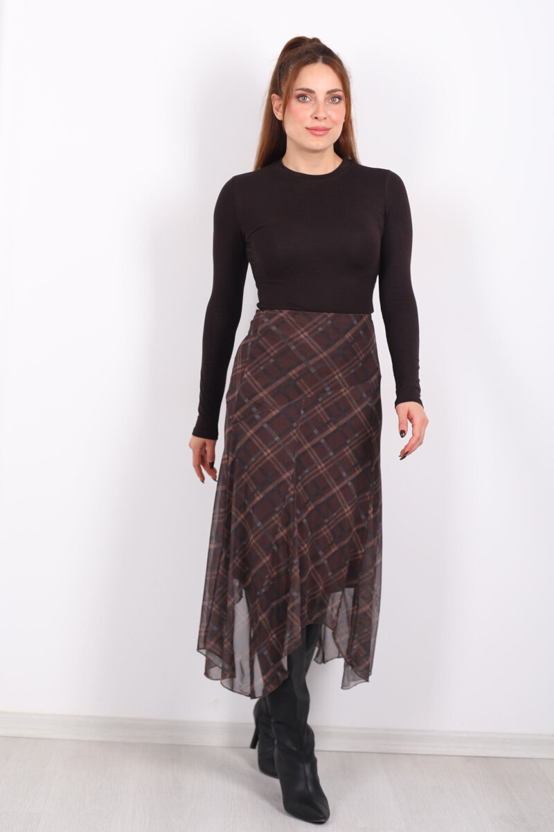 Dilimli Ekose Kahverengi Kadın Tül Etek - 4