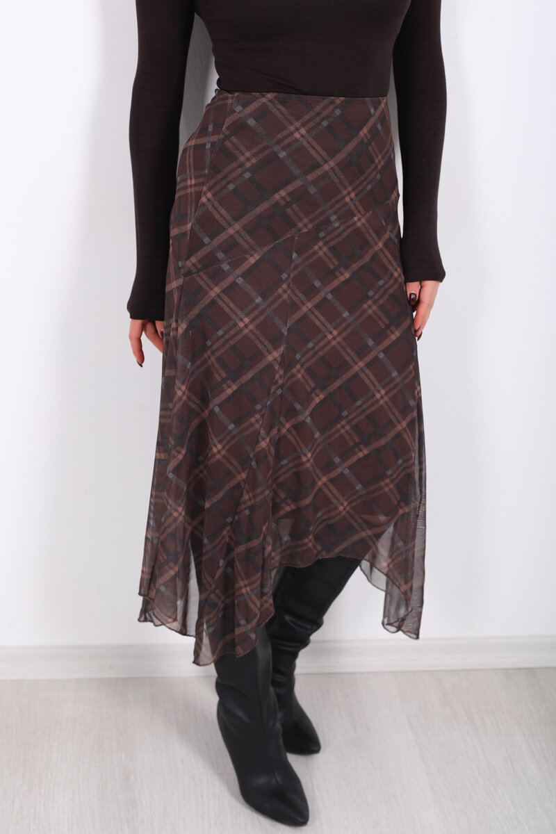 Dilimli Ekose Kahverengi Kadın Tül Etek - 2