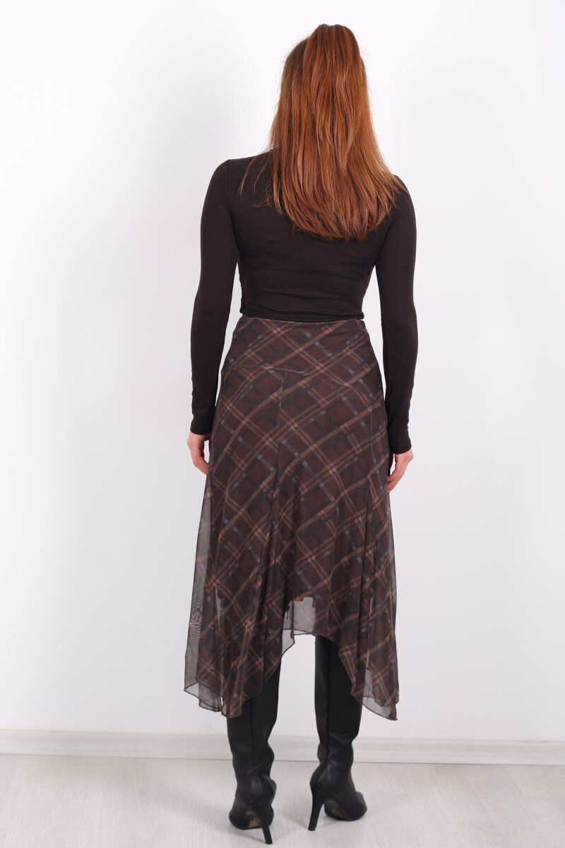 Dilimli Ekose Kahverengi Kadın Tül Etek - 5