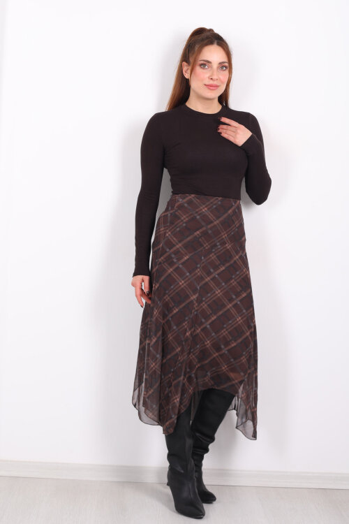 Dilimli Ekose Kahverengi Kadın Tül Etek - 3