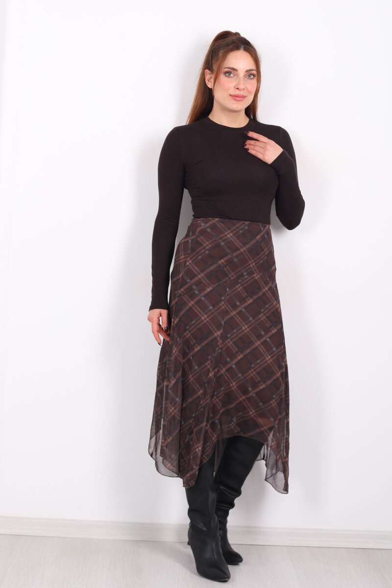 Dilimli Ekose Kahverengi Kadın Tül Etek - 3