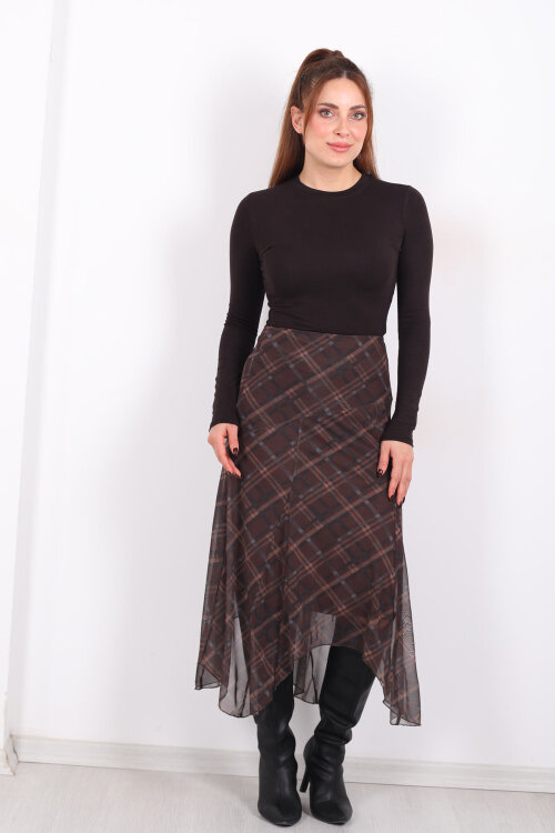 Dilimli Ekose Kahverengi Kadın Tül Etek - 6