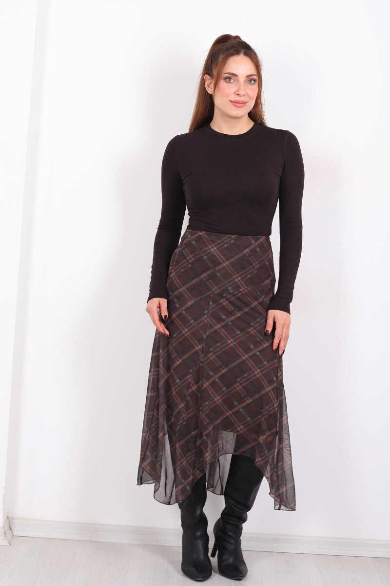 Dilimli Ekose Kahverengi Kadın Tül Etek - 6