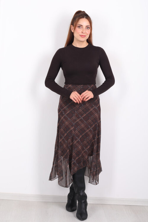 Dilimli Ekose Kahverengi Kadın Tül Etek 