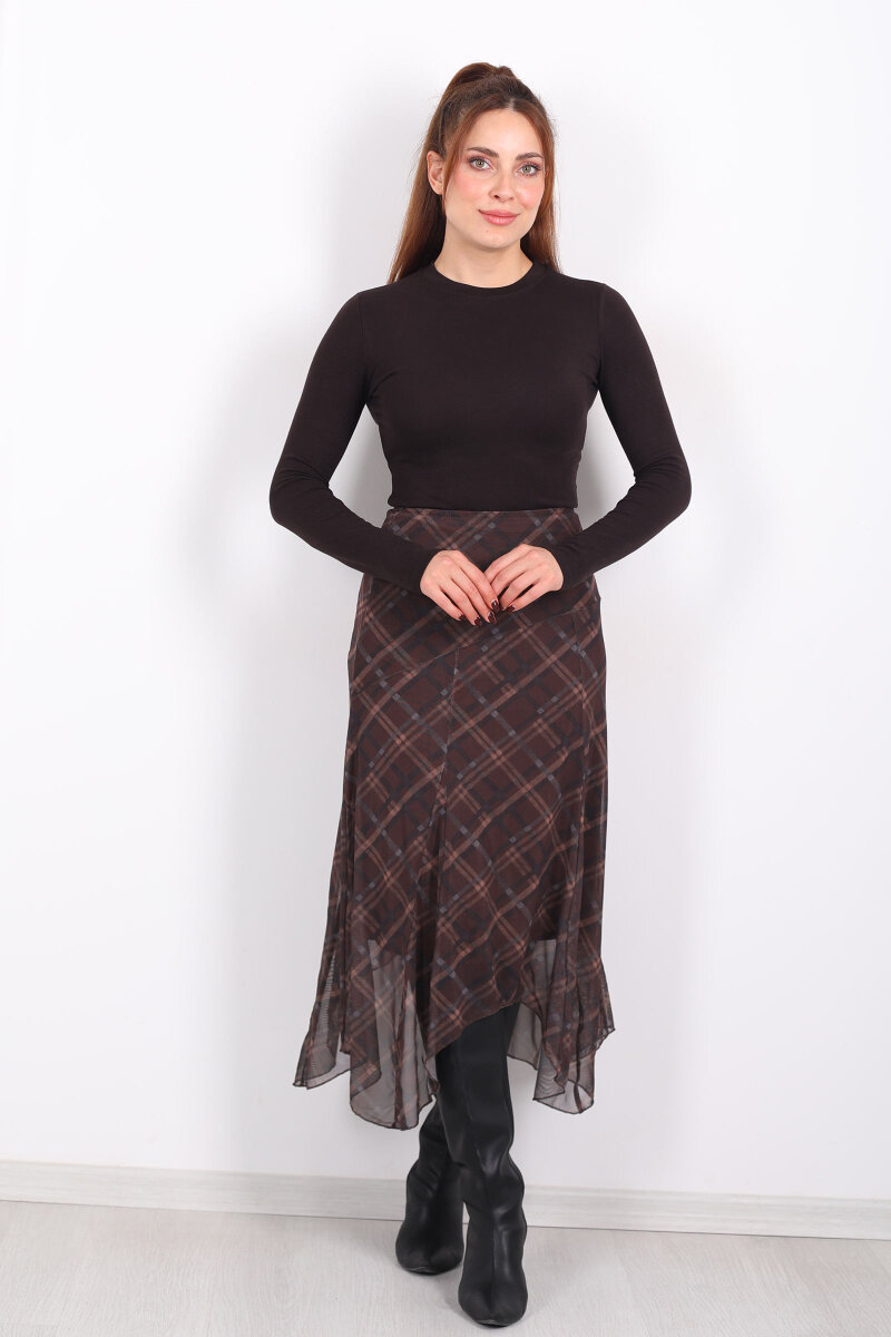Dilimli Ekose Kahverengi Kadın Tül Etek - 1