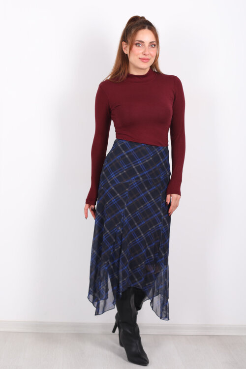 Dilimli Ekose Lacivert Kadın Tül Etek - 3