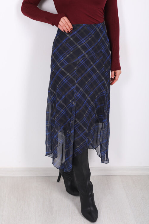 Dilimli Ekose Lacivert Kadın Tül Etek - Berox (1)