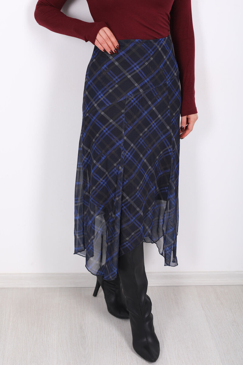 Dilimli Ekose Lacivert Kadın Tül Etek - 2