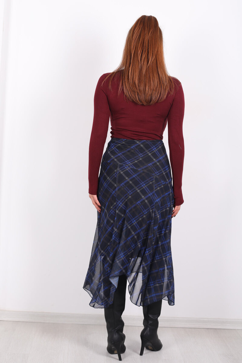 Dilimli Ekose Lacivert Kadın Tül Etek - 5