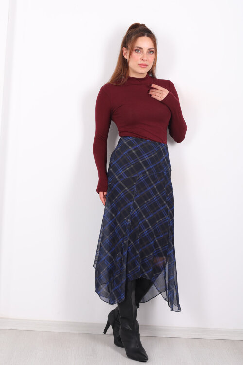 Dilimli Ekose Lacivert Kadın Tül Etek - 6