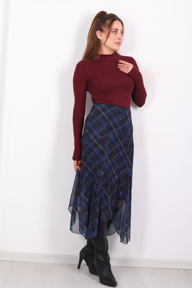 Dilimli Ekose Lacivert Kadın Tül Etek - 1