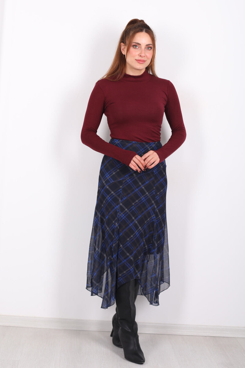 Dilimli Ekose Lacivert Kadın Tül Etek - 4