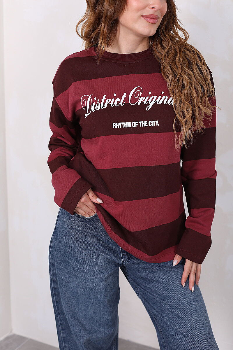 District Originals Baskılı Bordo Kadın Çizgili Sweatshirt - 2