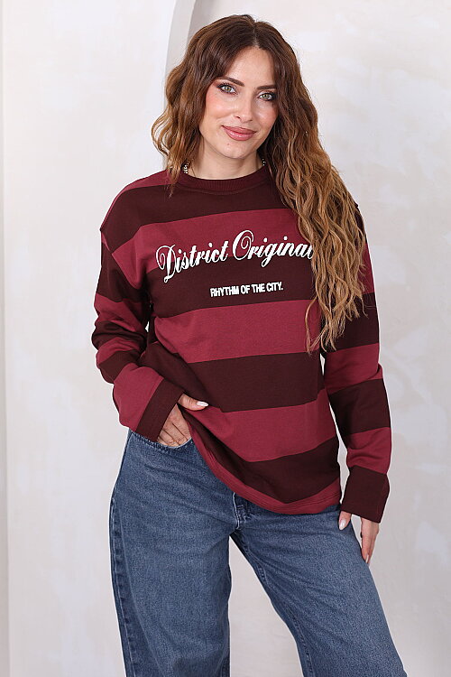 District Originals Baskılı Bordo Kadın Çizgili Sweatshirt - 3