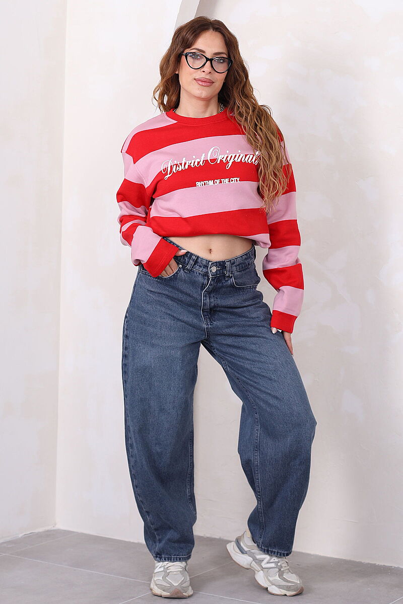 District Originals Baskılı Pembe Kadın Çizgili Sweatshirt - 4